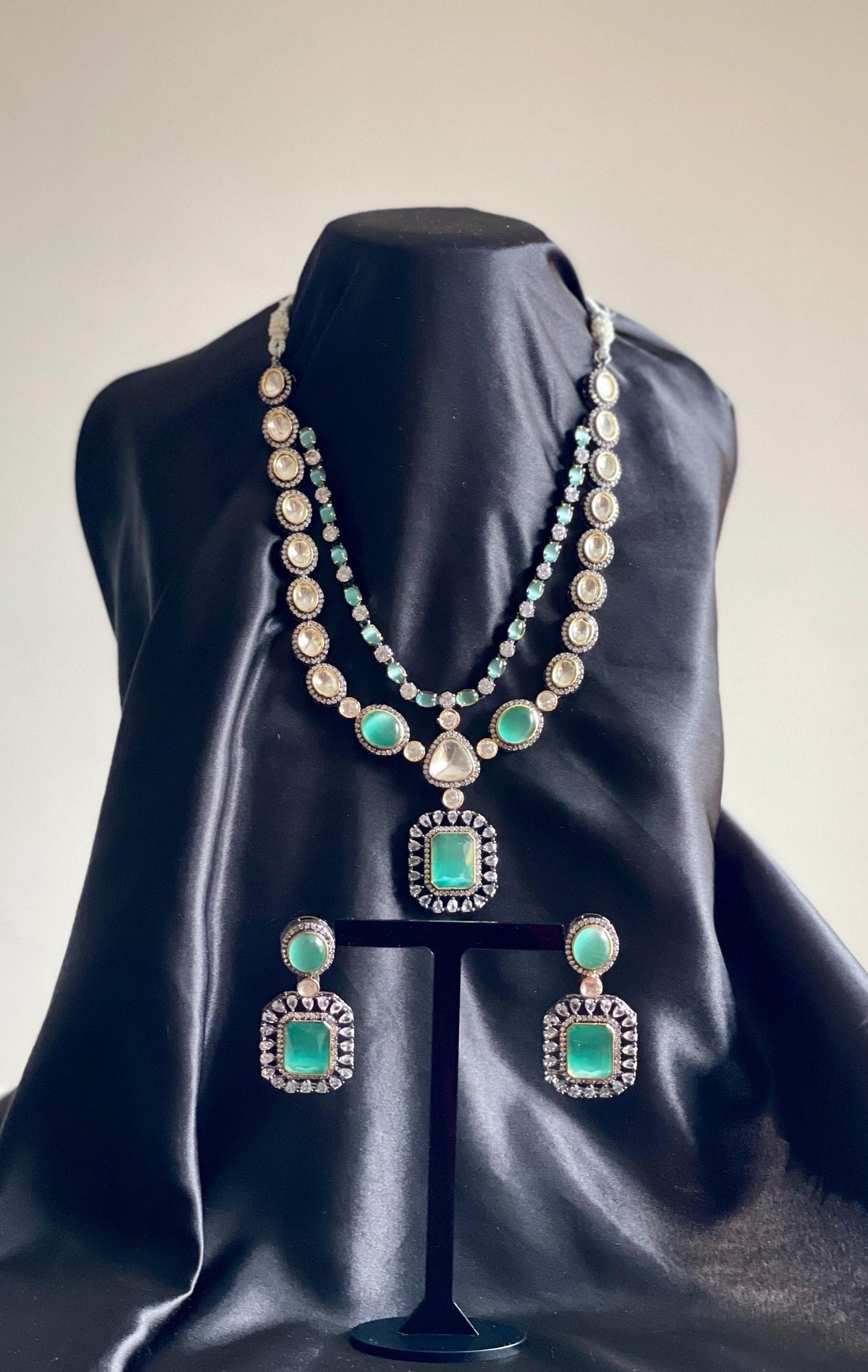 AFSANEY | Turquoise Polki Necklace Set with Crystals & CZ details | Bridal Engagement Jewelry Set