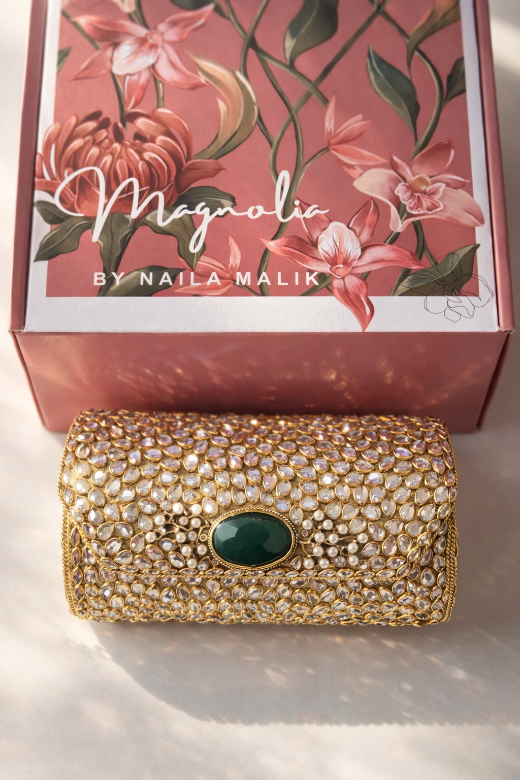 MEDINA SOUQ | Kundan Barrel Clutch with Green Stone