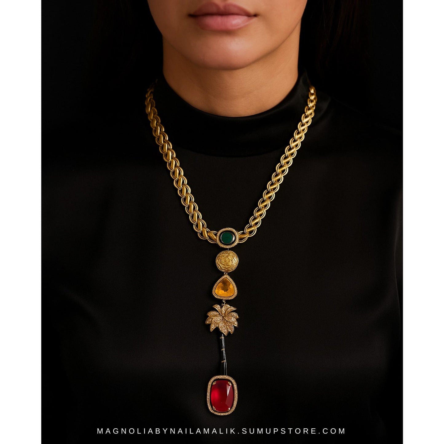 LANA Tiger and Palm Motif Designer Statement Necklace and Earrings Set in Green, Yellow and Red Stones 2 Variations
