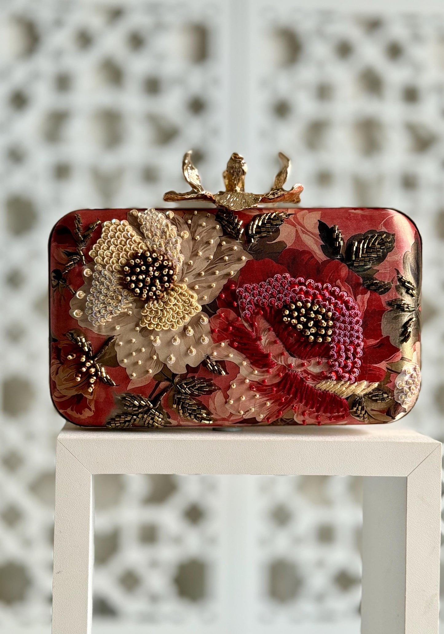 FLORENCE | Floral Printed Silk Clutch | Embellished Evening Bag with Floral Clasp