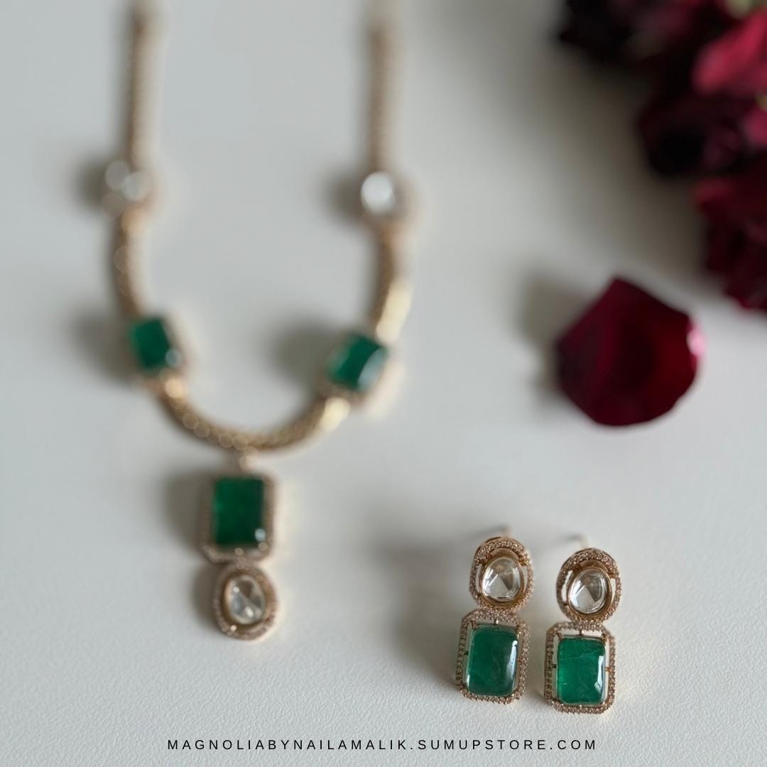 FAY Polki Green and Gold Necklace and Earrings Set | Gift Box Included | Wedding Jewelry