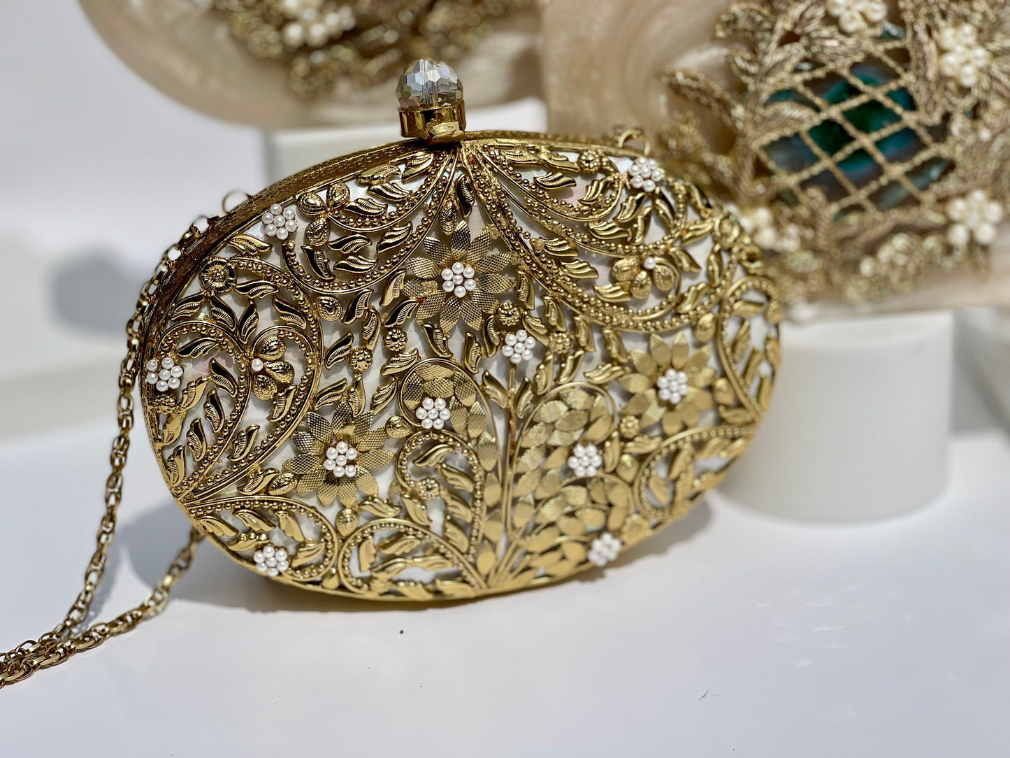 MAEVE | Gold Motif Oval Clutch Bag Mother of Pearl Evening Purse