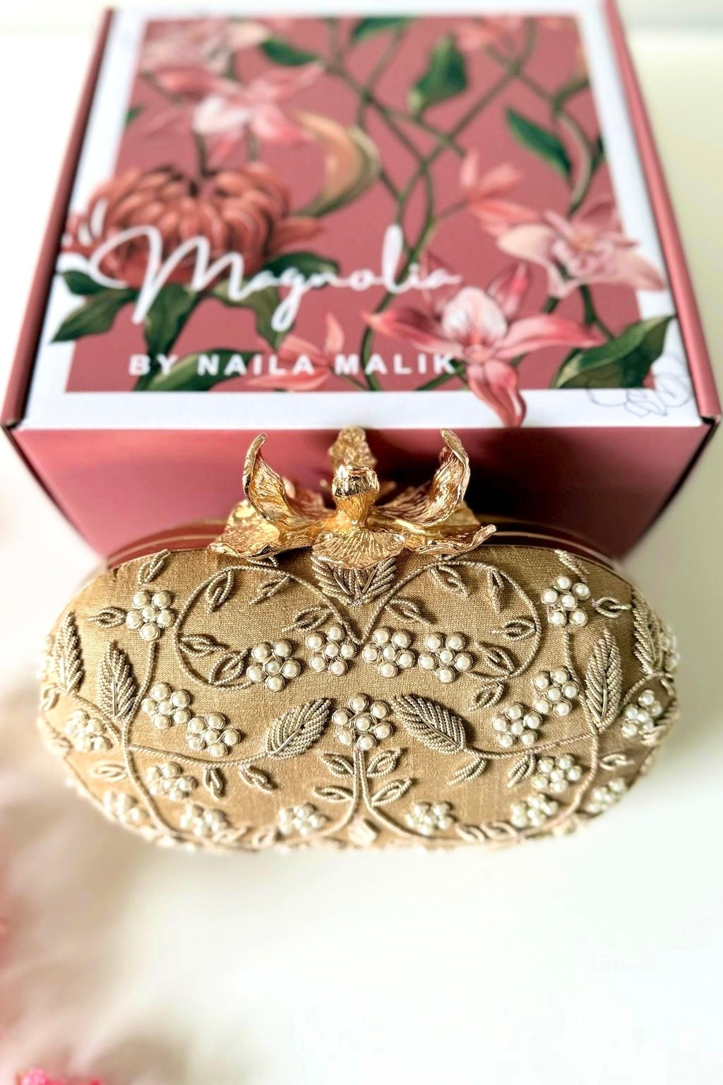 SUEZ | Floral Embroidery Gold Clutch