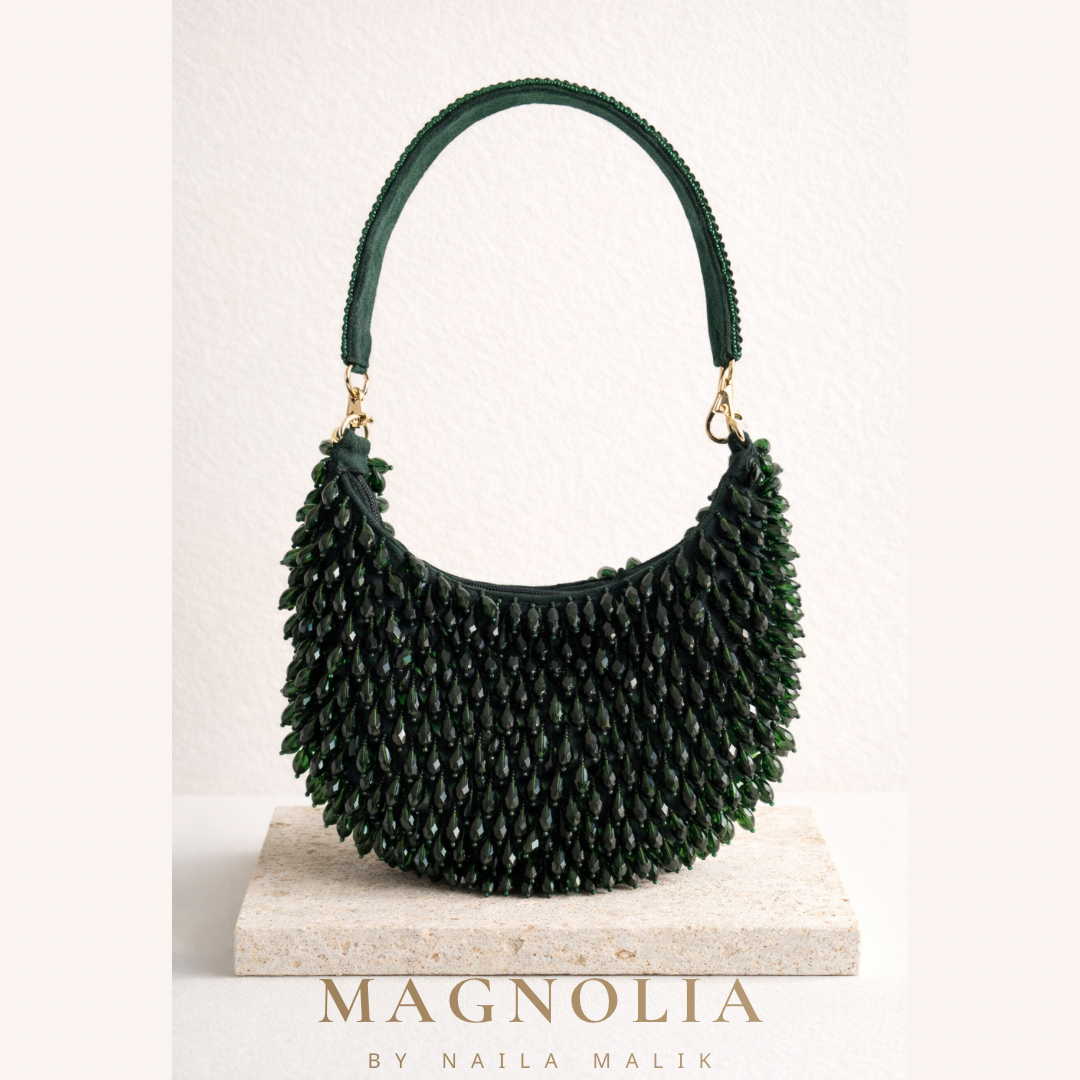 PORTOBELLO ROAD Emerald Green Beaded Party Purse | Luxury Handmade Evening Statement Bag