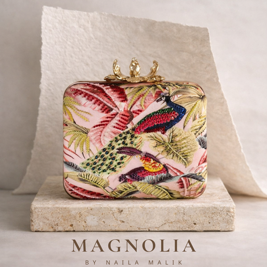 SAVANNAH Embroidered Bird Clutch Bag: Tropical Foliage, Beaded Evening Purse