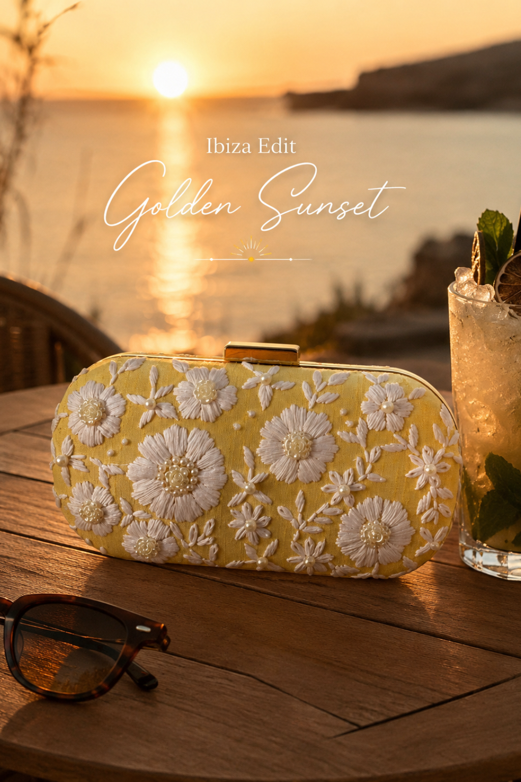 IBIZA | Golden Sunset | Yellow & White Embroidered Clutch