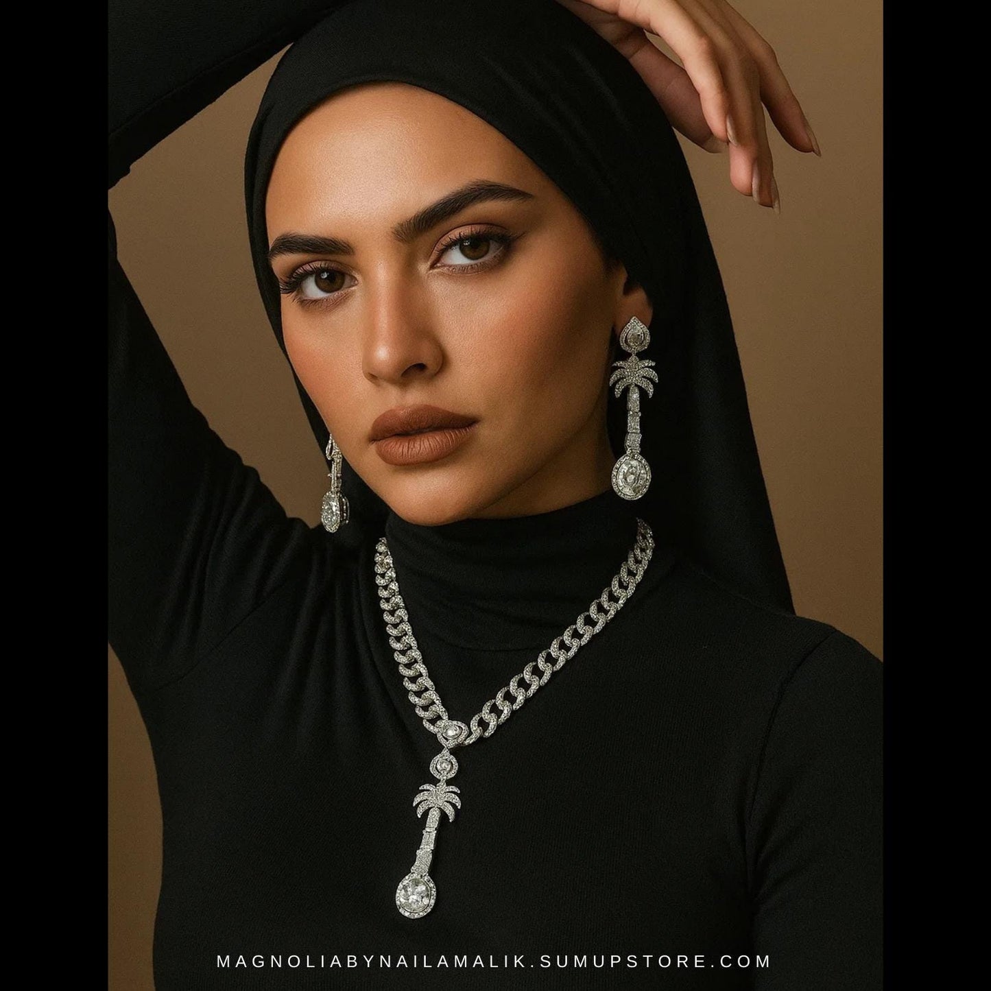 LARA Palm Tree Motif Designer Statement Necklace and Earrings Set in Silver