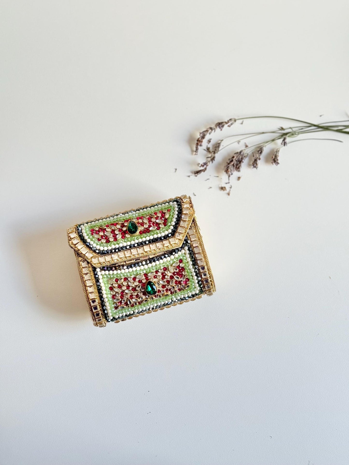SOUQ WAQIF | Pink & Green Evening Bag | Kundan Clutch | Mini Embellished Minaudière Bag | Indian Wedding Purse | Handcrafted Bridal Clutch