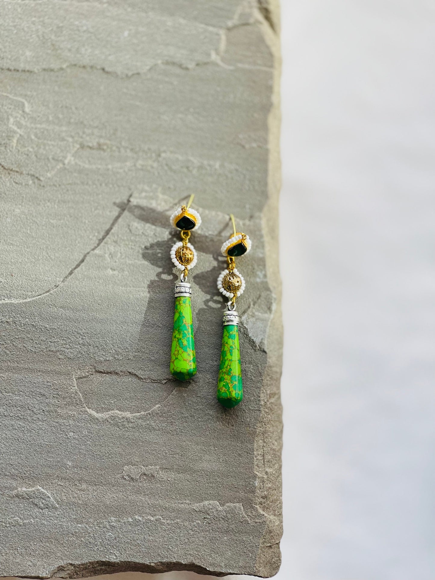 HEBA | Marble Effect Earrings Gold and Green traditional Indian Jewellery