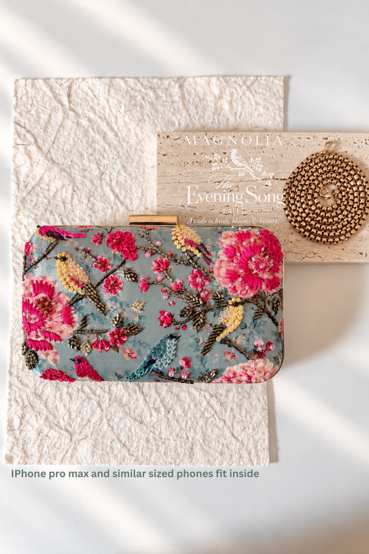 BIRDS OF CAPRI | Embroidered Printed Silk Clutch Bag