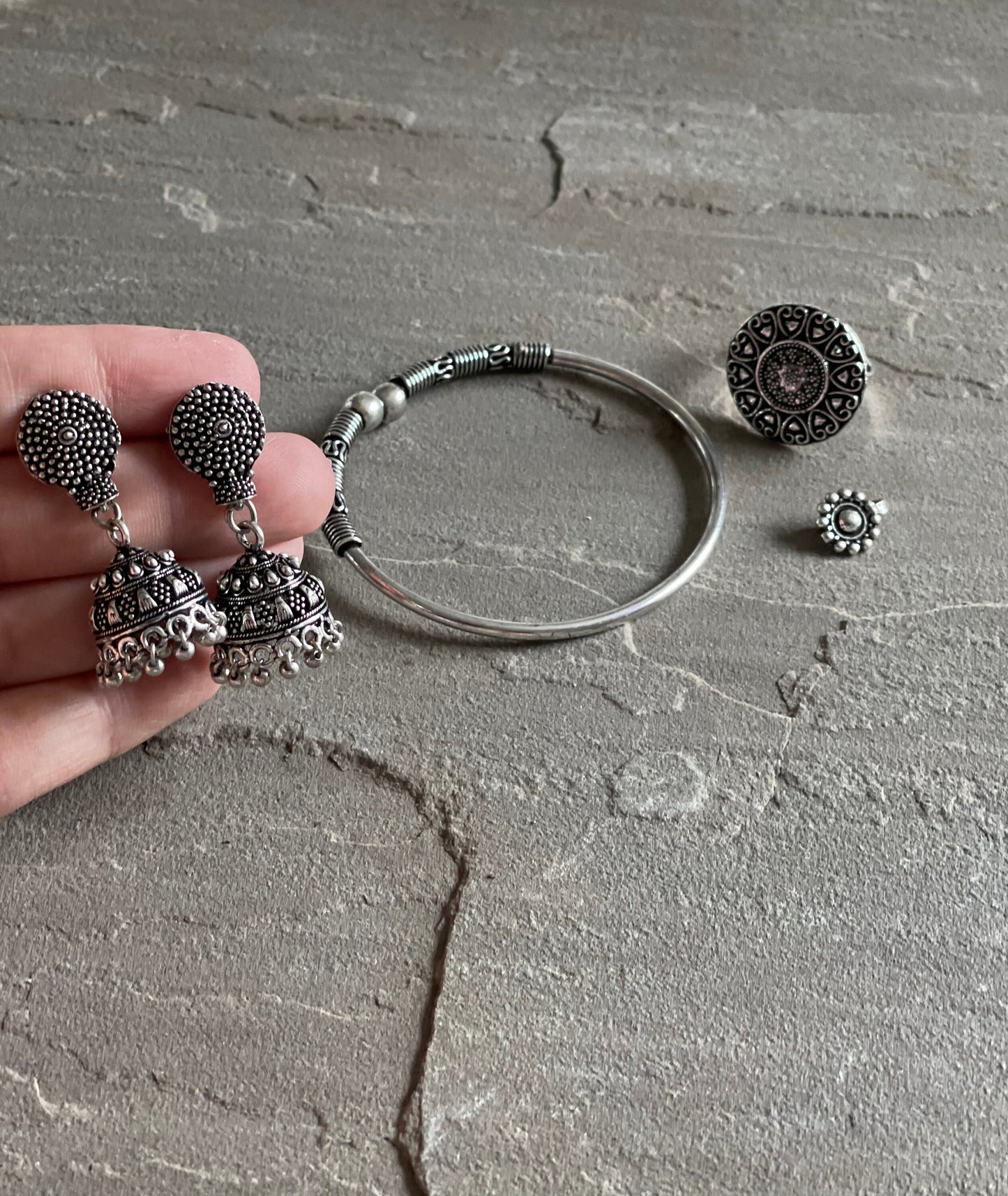 SEYAL | Ethnic German Silver Jewellery Set Choker Earrings Ring Bangle