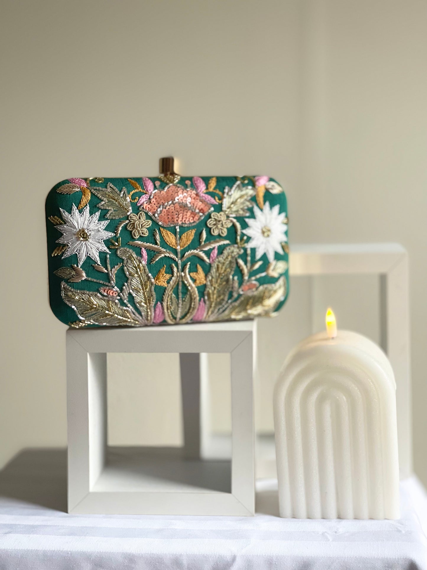 VALLETA Green Zardozi Clutch (Final Stock)