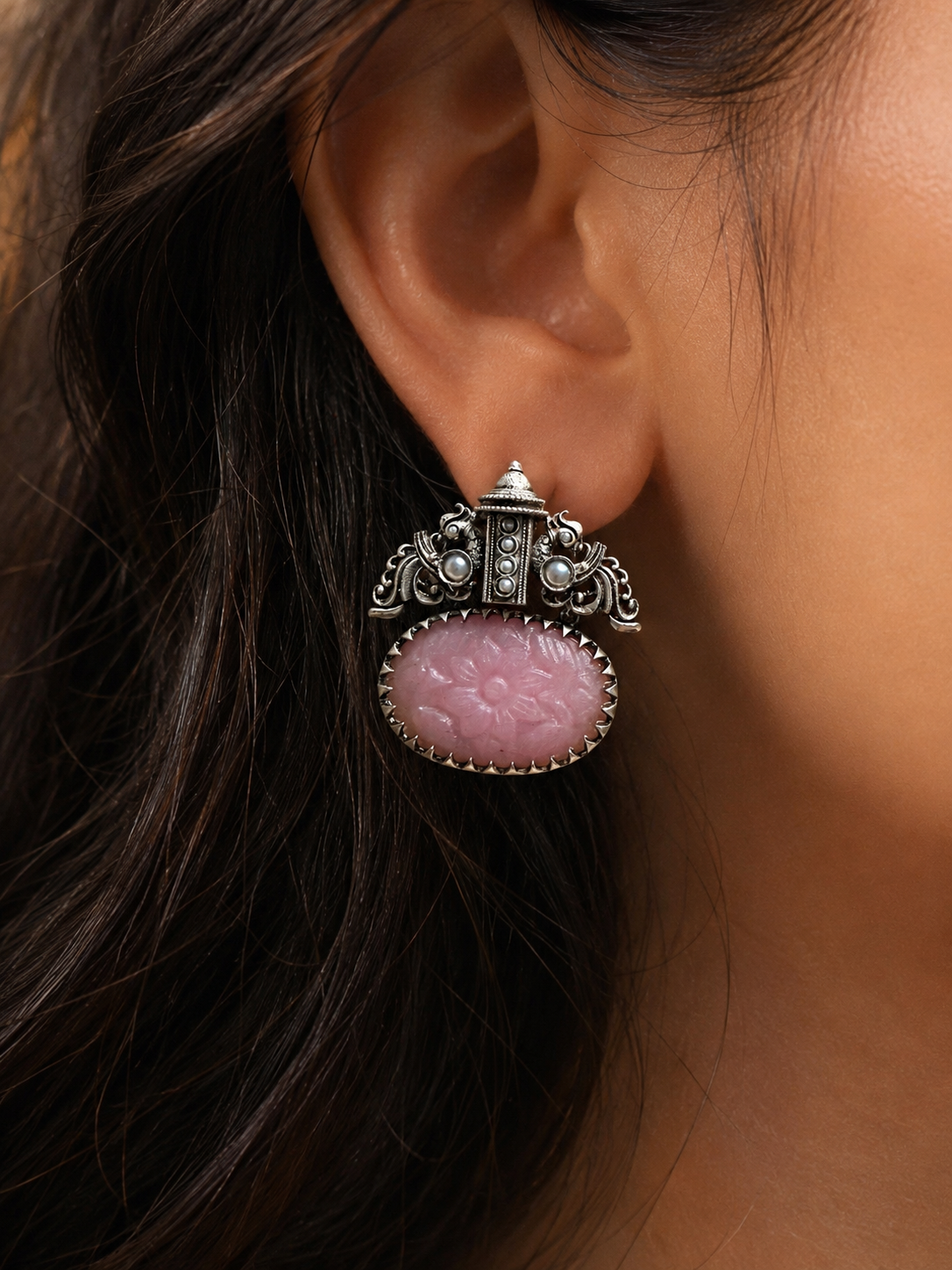 SIA | Oxidised Pink Stone Earrings
