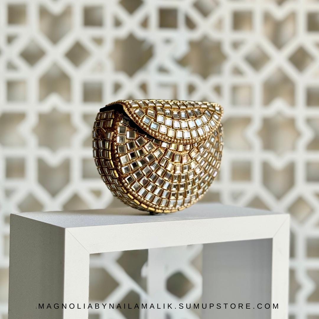 MEENA BAZAAR | Micro Mini Glass Work Kundan Minaudiere Clutch Purse