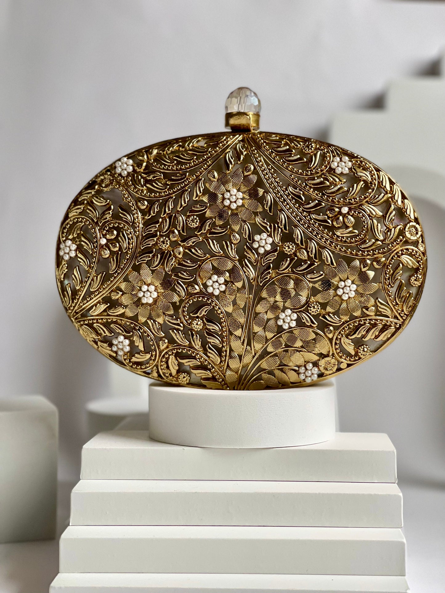 MAEVE | Gold Motif Oval Clutch Bag Mother of Pearl Evening Purse
