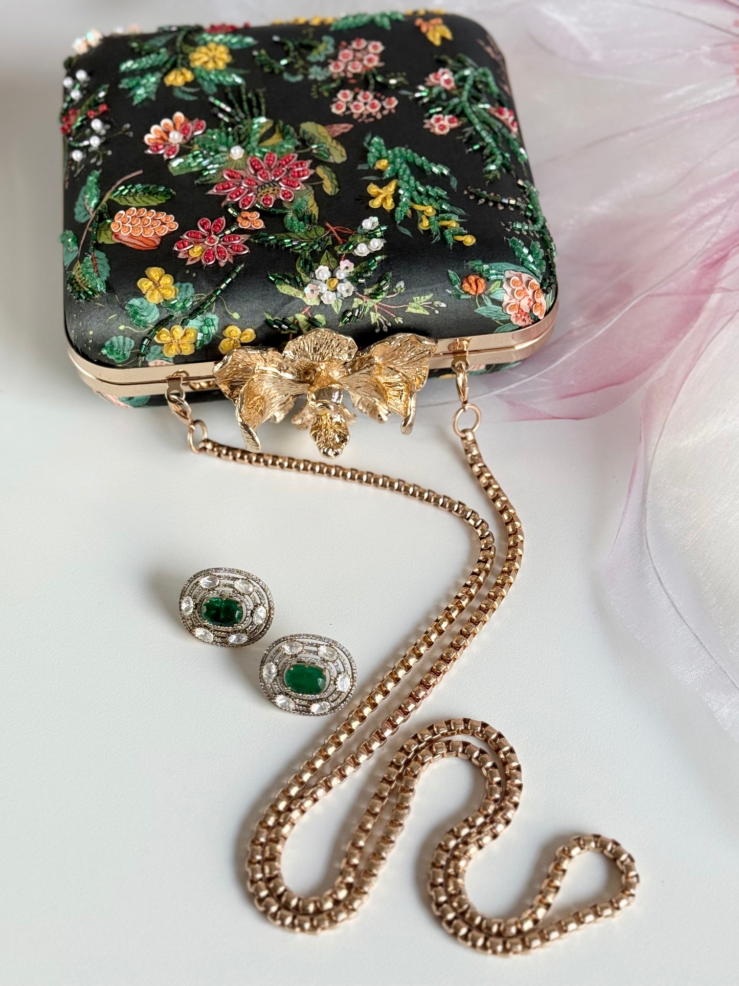 SEVILLE | Floral Printed Clutch Bag with Embellishment and Thread Embroidery