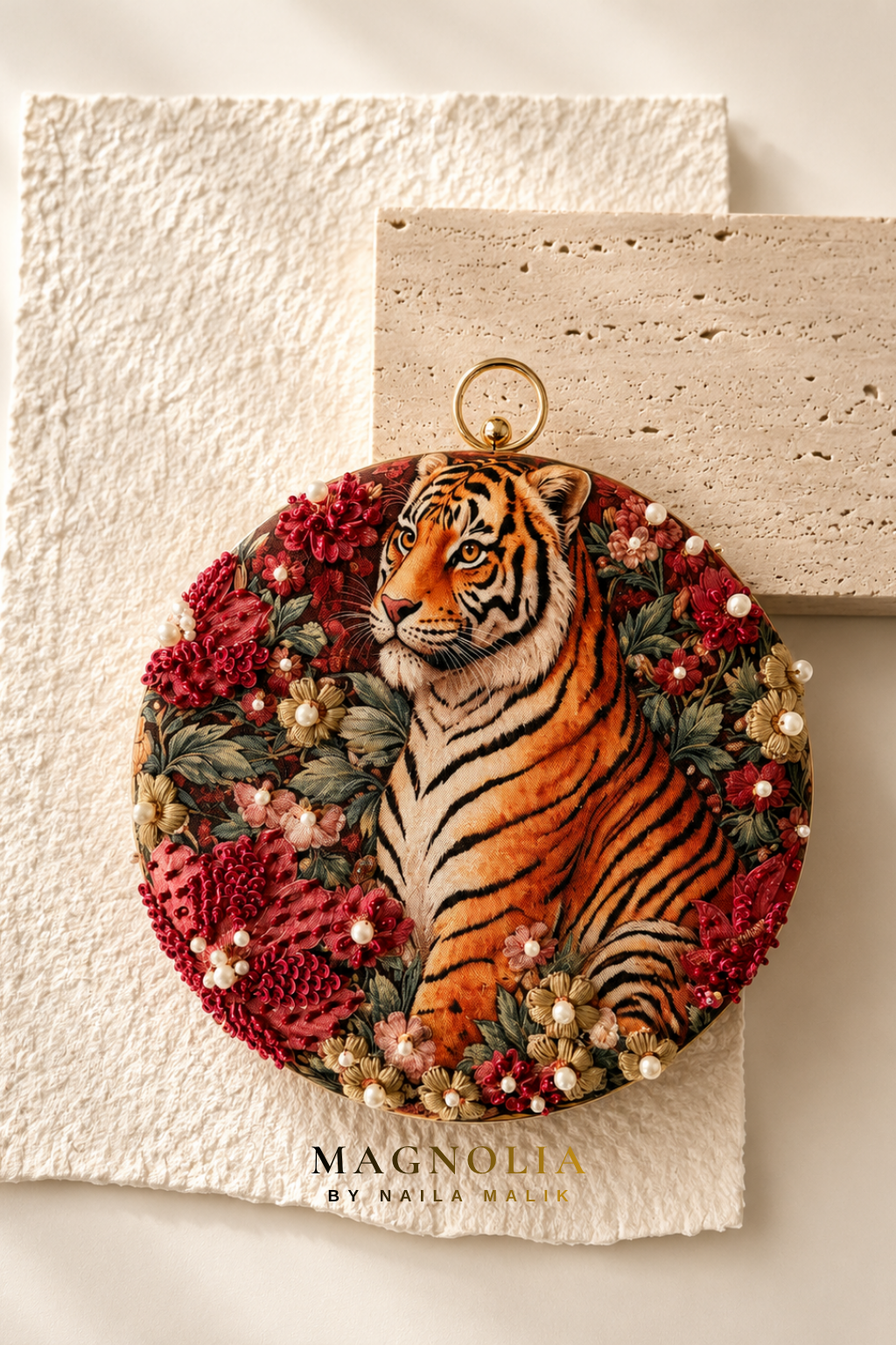 BAGH OF BENGAL | Indian Themed Red Orange Printed Embroidered Clutch