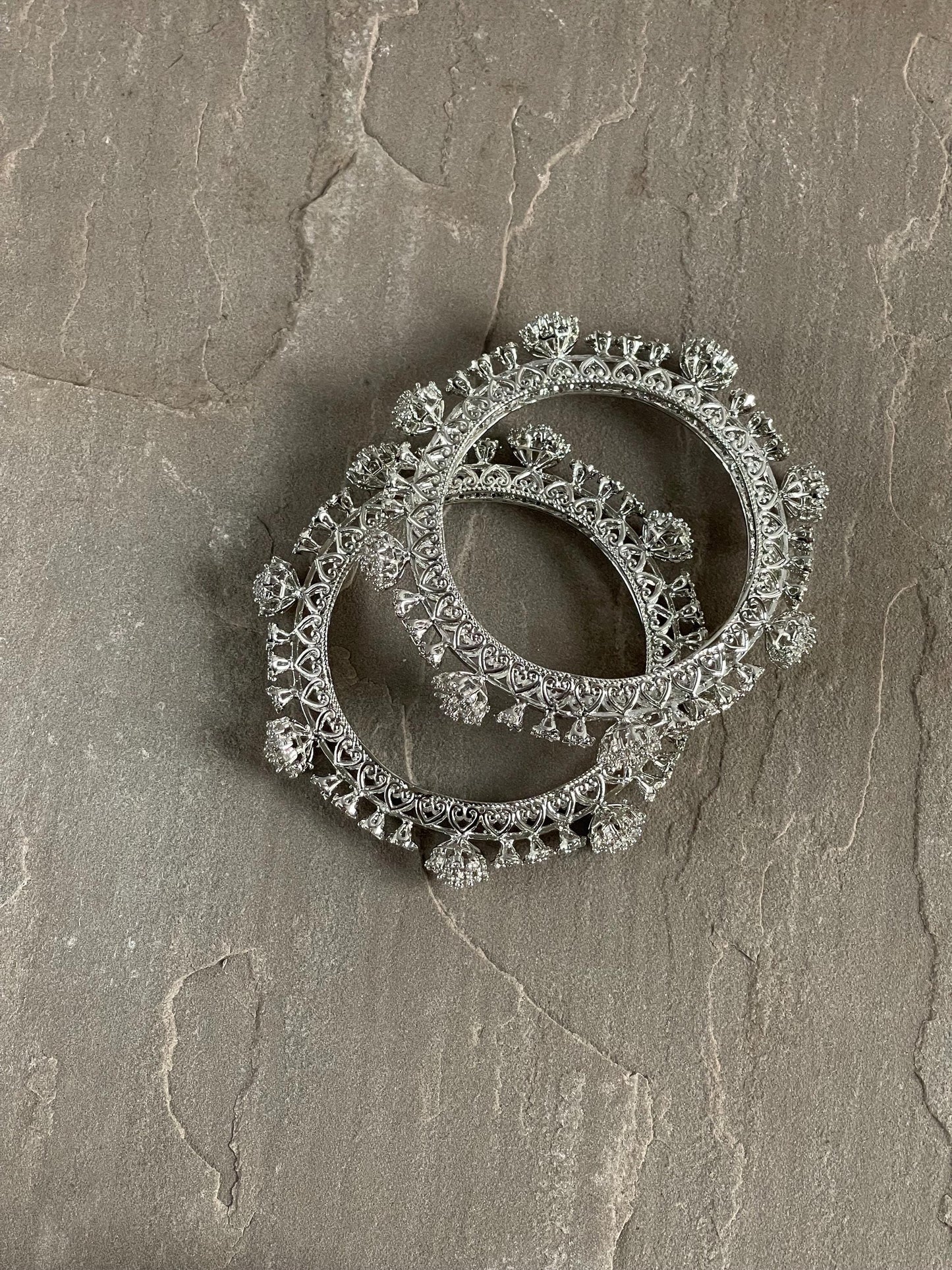 Oxidized Silver Bangles Pair: Intricate Filigree Kara Chori, Size 2.6
