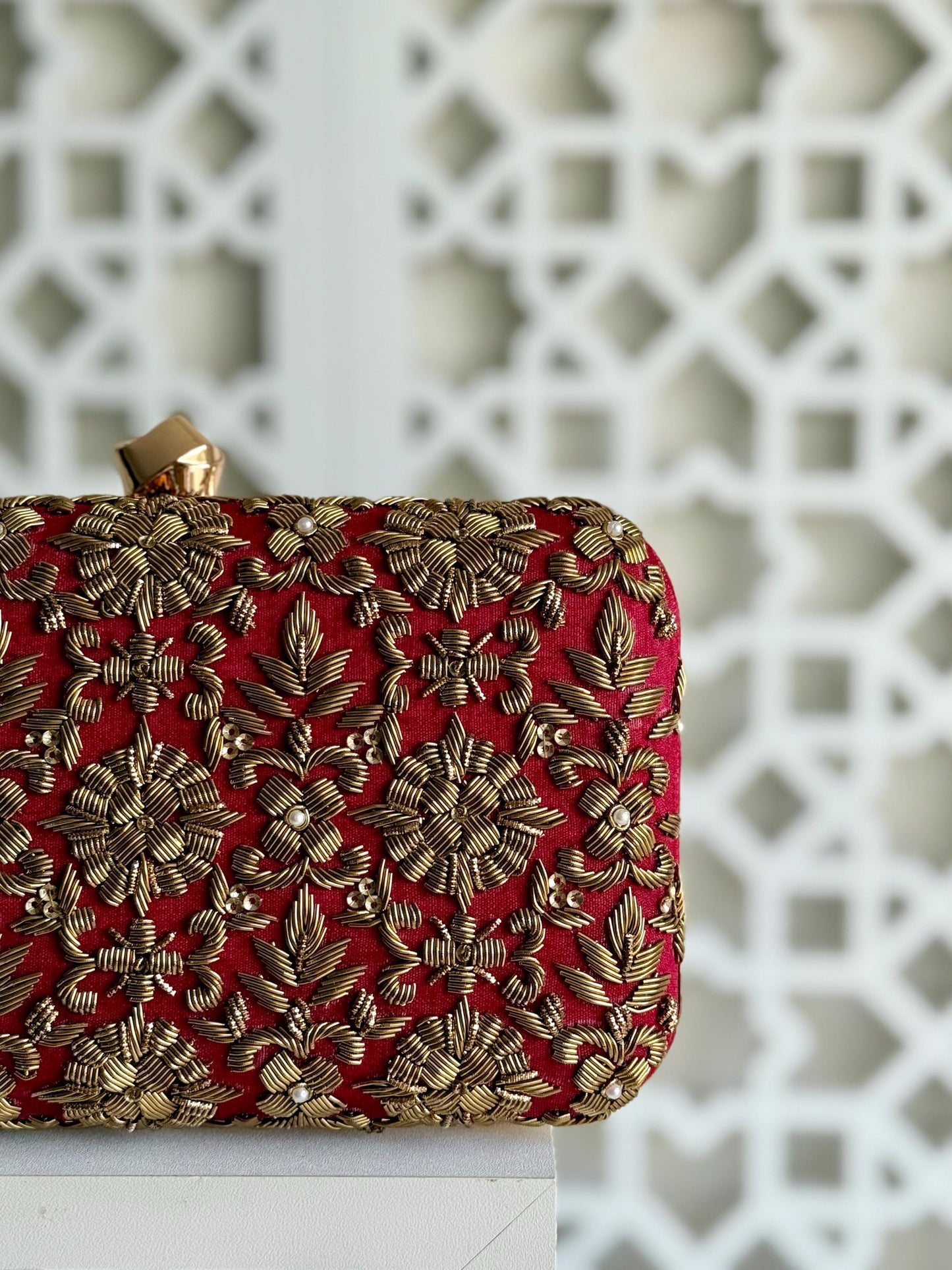DELHI Knot Clasp |Dark Red Silk Clutch | Antique Gold Dabka Work | Handcrafted Bridal Evening Bag