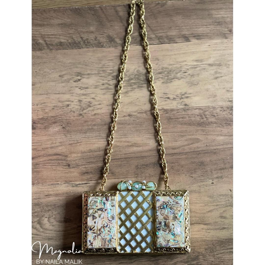 DUBAI | Intricate Gold Evening Clutch: MOP Iridescent Purse