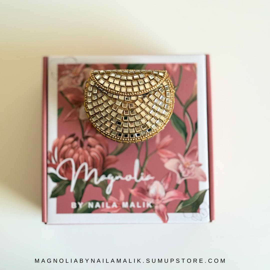 MEENA BAZAAR | Micro Mini Glass Work Kundan Minaudiere Clutch Purse