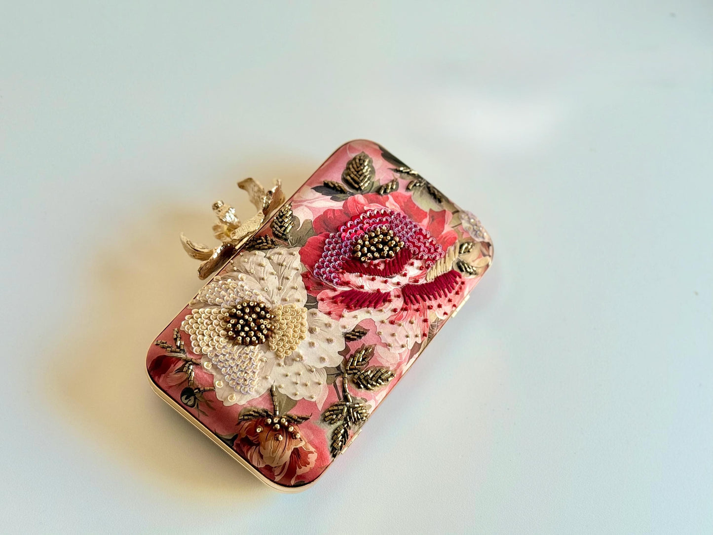 FLORENCE | Floral Printed Silk Clutch | Embellished Evening Bag with Floral Clasp