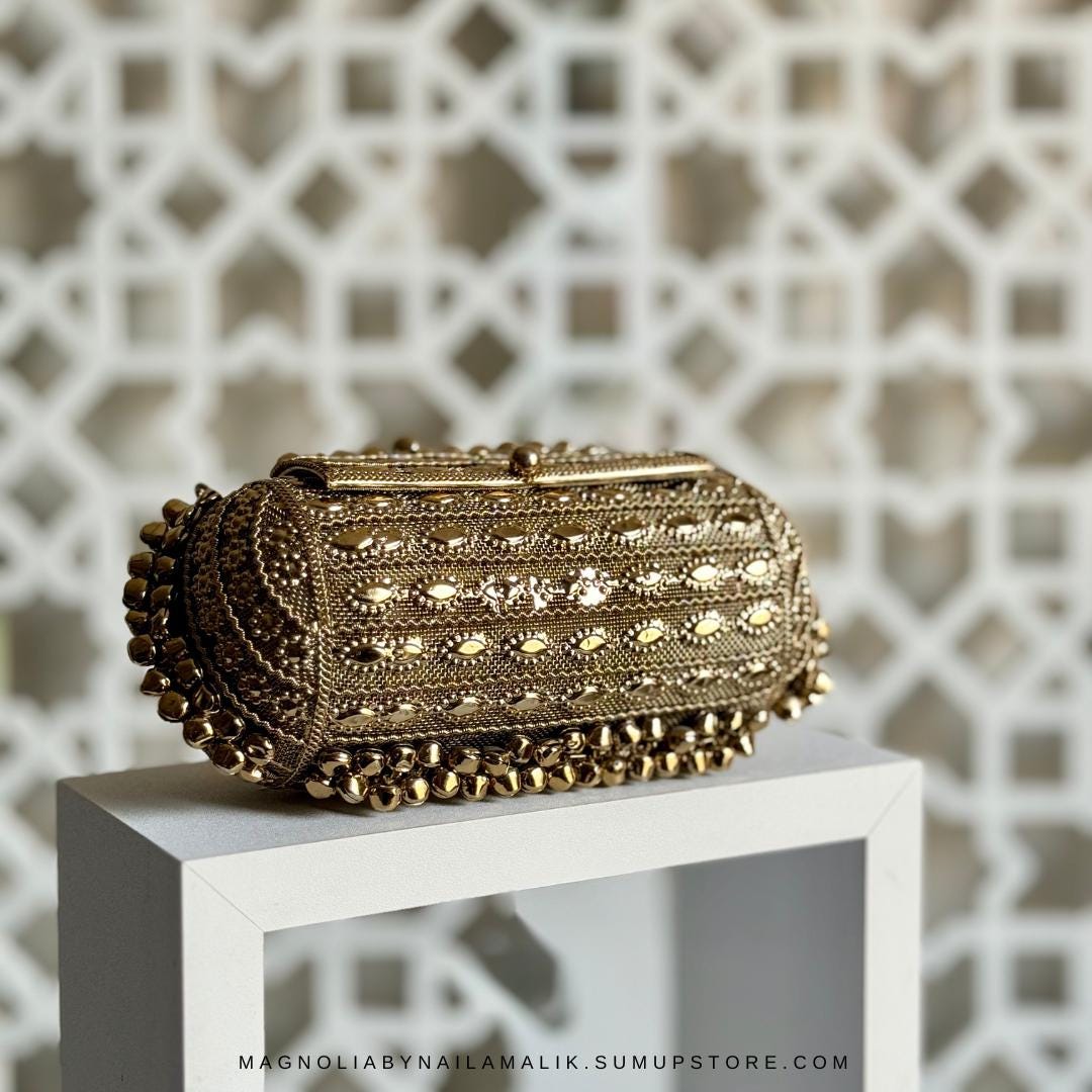 BEN THANH | Antique Golden Cylinder Formal Evening Purse for Weddings | Gift Idea for Her