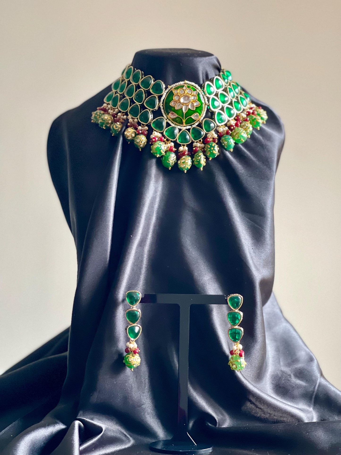 BASANTI | Kundan choker and earrings set traditional green and gold polki jewellery statement pieces gift for her