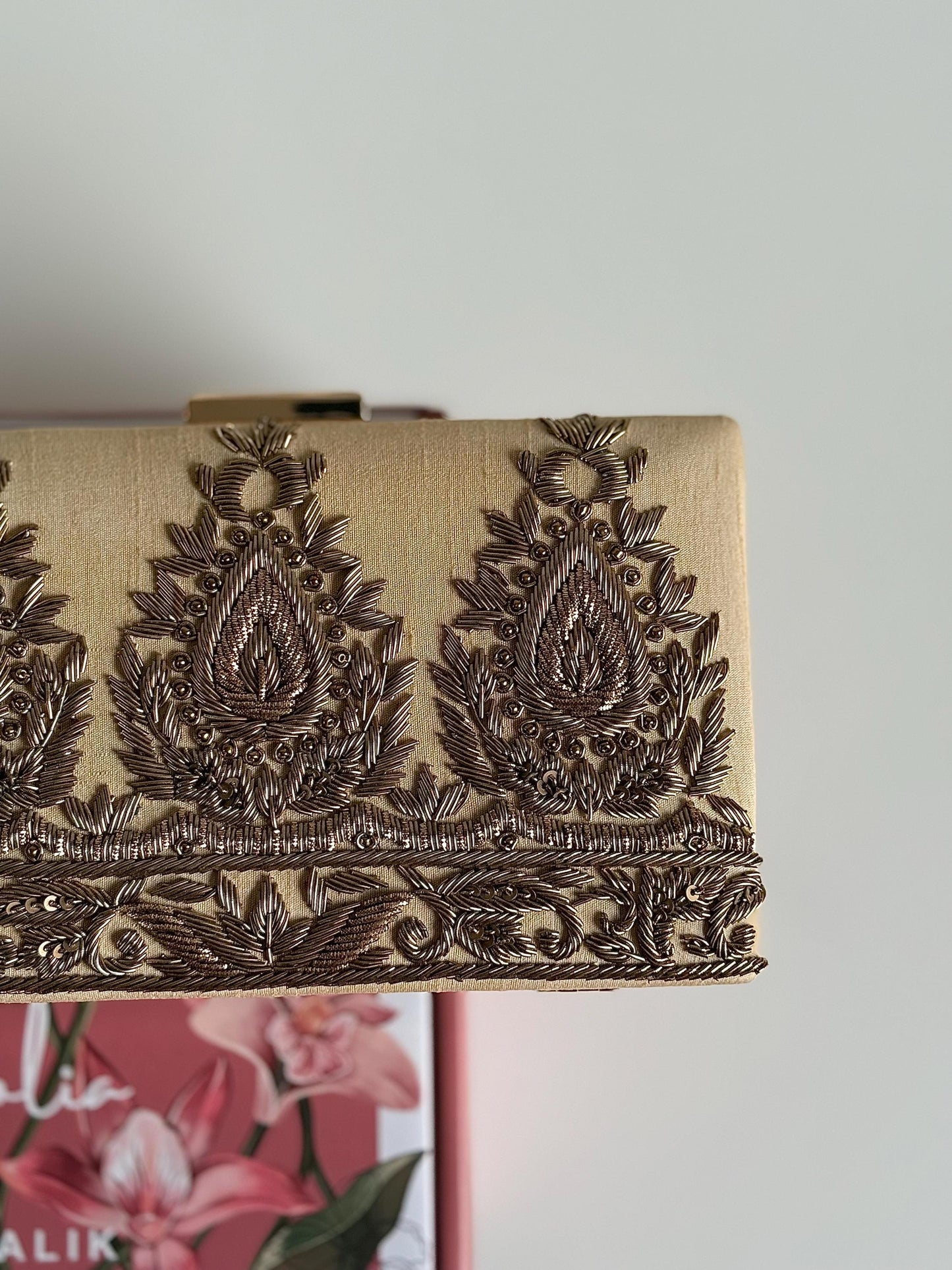 AMARNA | Hand Embellished Light Gold Clutch | Zardozi Dabka Embroidery | Paisley Wedding Clutch | Festive Bridal Purse | Traditional Evening Bag