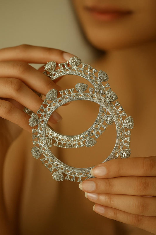 Oxidized Silver Bangles Pair: Intricate Filigree Kara Chori, Size 2.6