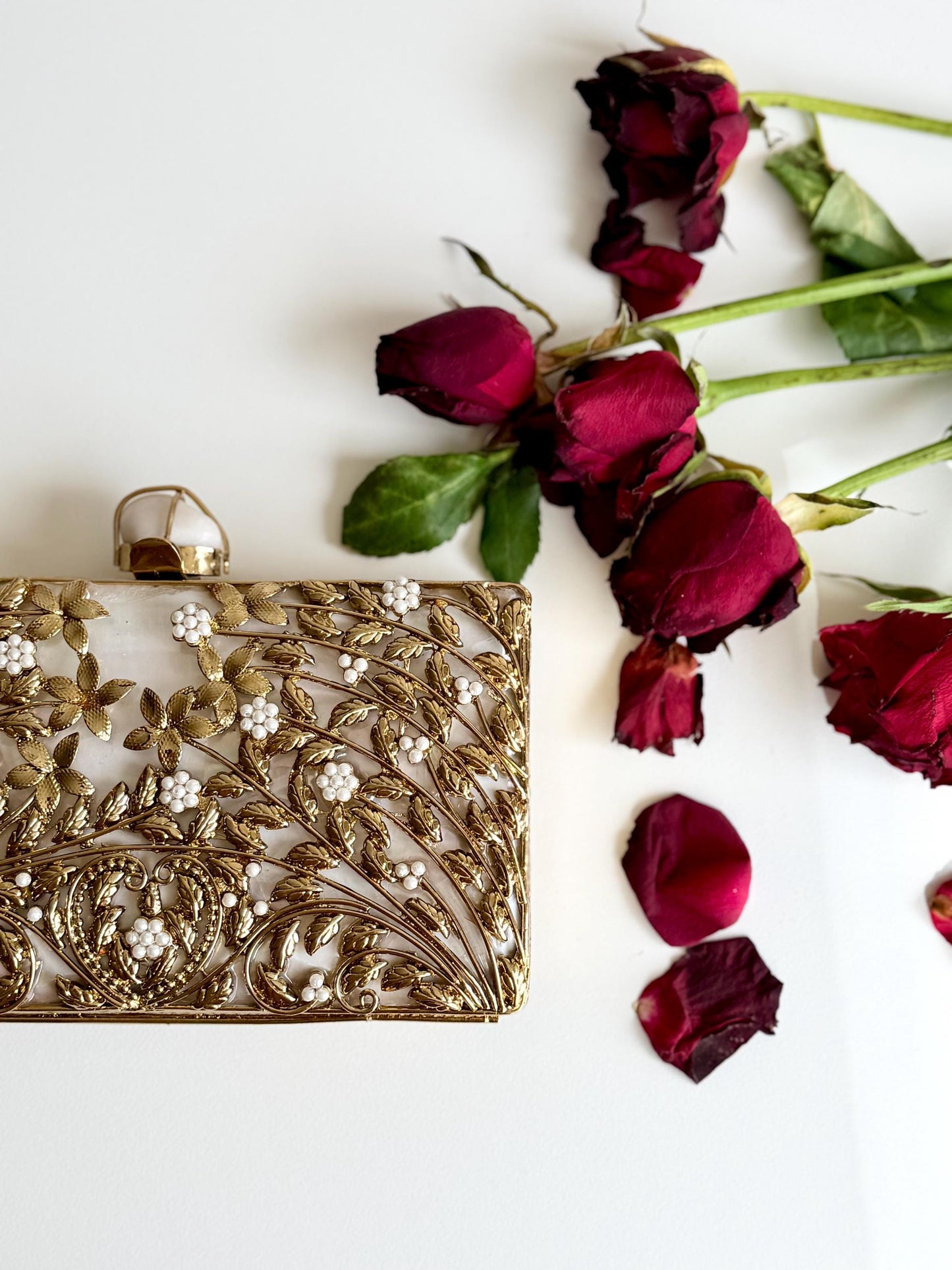 MELBOURNE | Gold Motif Rectangle Clutch Bag Mother of Pearl Evening Purse
