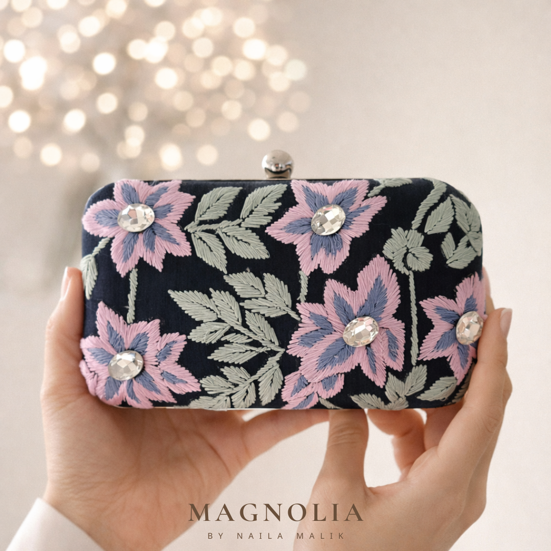 CANBERRA Vol II | Elegant Navy Blue Silk Floral Embroidered Clutch