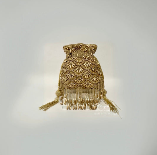 BARIELY | Gold Potli Bag with bead work and gold embellishment |