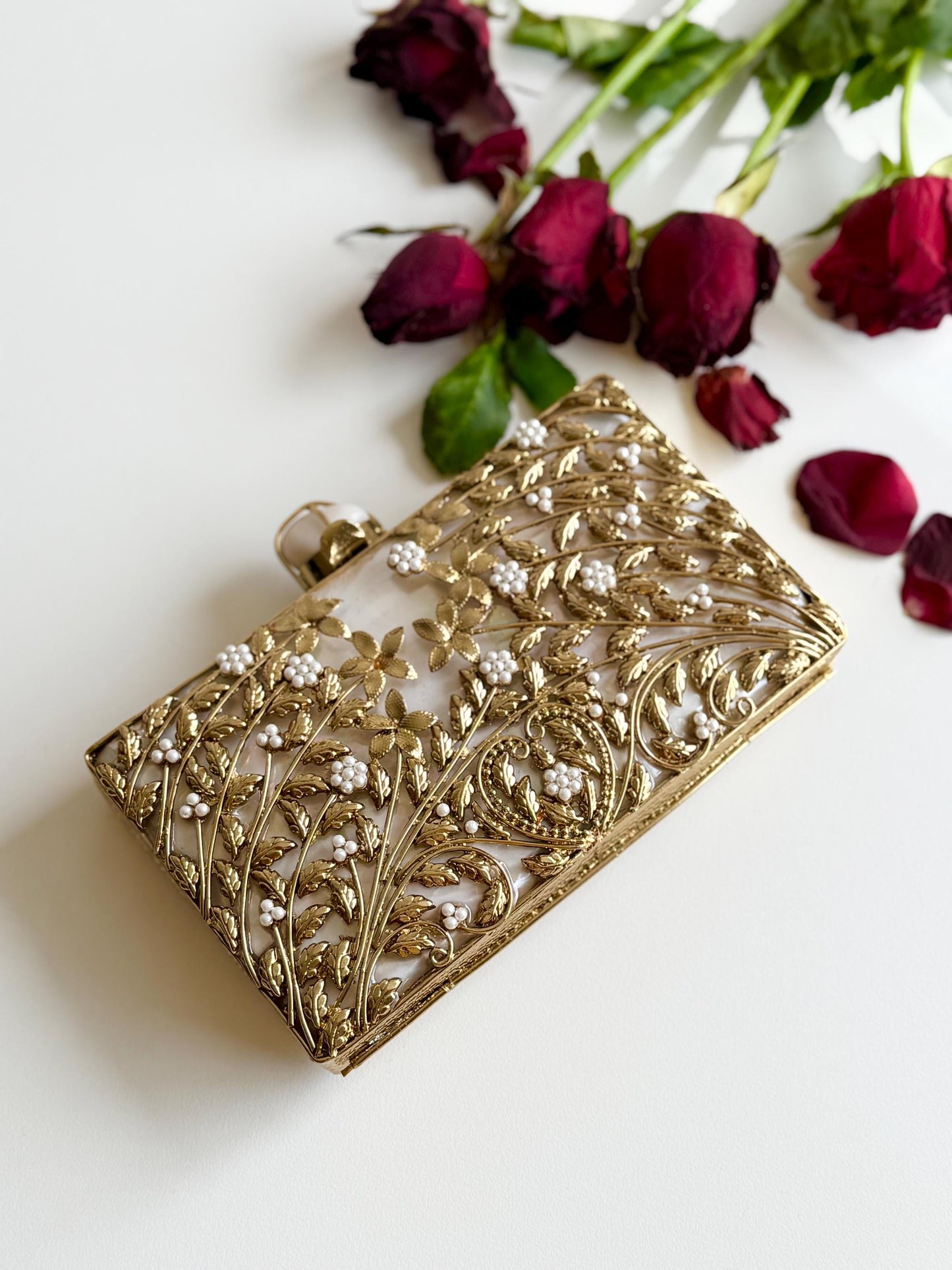 MELBOURNE | Gold Motif Rectangle Clutch Bag Mother of Pearl Evening Purse