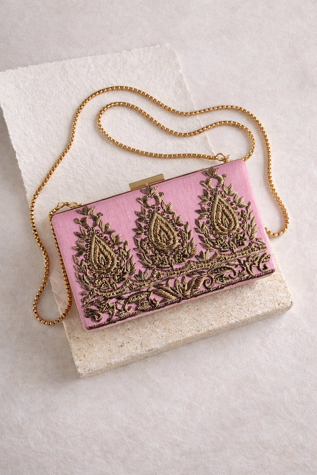 AMARNA | Dusty Rose Pink Embroidered Clutch Bag – Gold Zardozi Bridal Purse, Indian Wedding Evening Bag