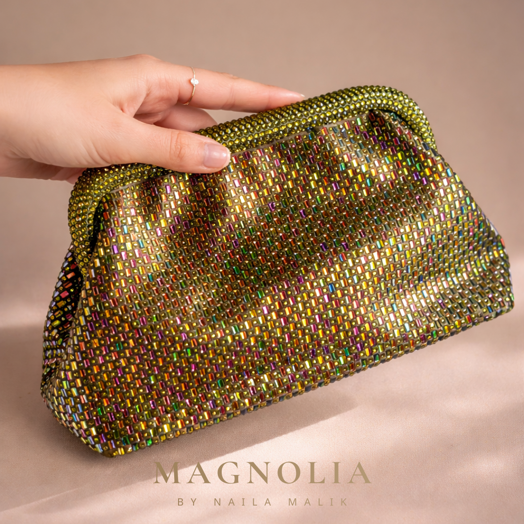 LA BOQUERIA Olive green crystal clutch bag | Multicolour evening purse | Luxury statement party bag