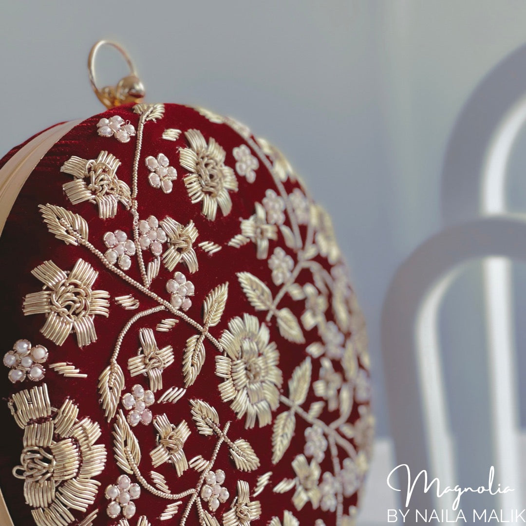 AGRA Maroon Velvet Round Clutch (Final Stock)
