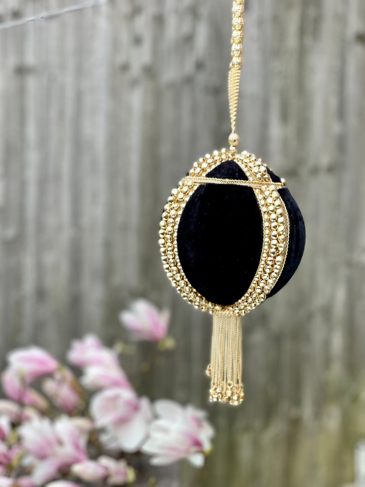 VIENNA | Velvet Black Brass Potli Bag Round Clutch Purse | Gold Hangings | Unique Statement Bag