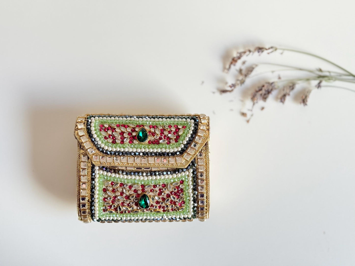 SOUQ WAQIF | Pink & Green Evening Bag | Kundan Clutch | Mini Embellished Minaudière Bag | Indian Wedding Purse | Handcrafted Bridal Clutch
