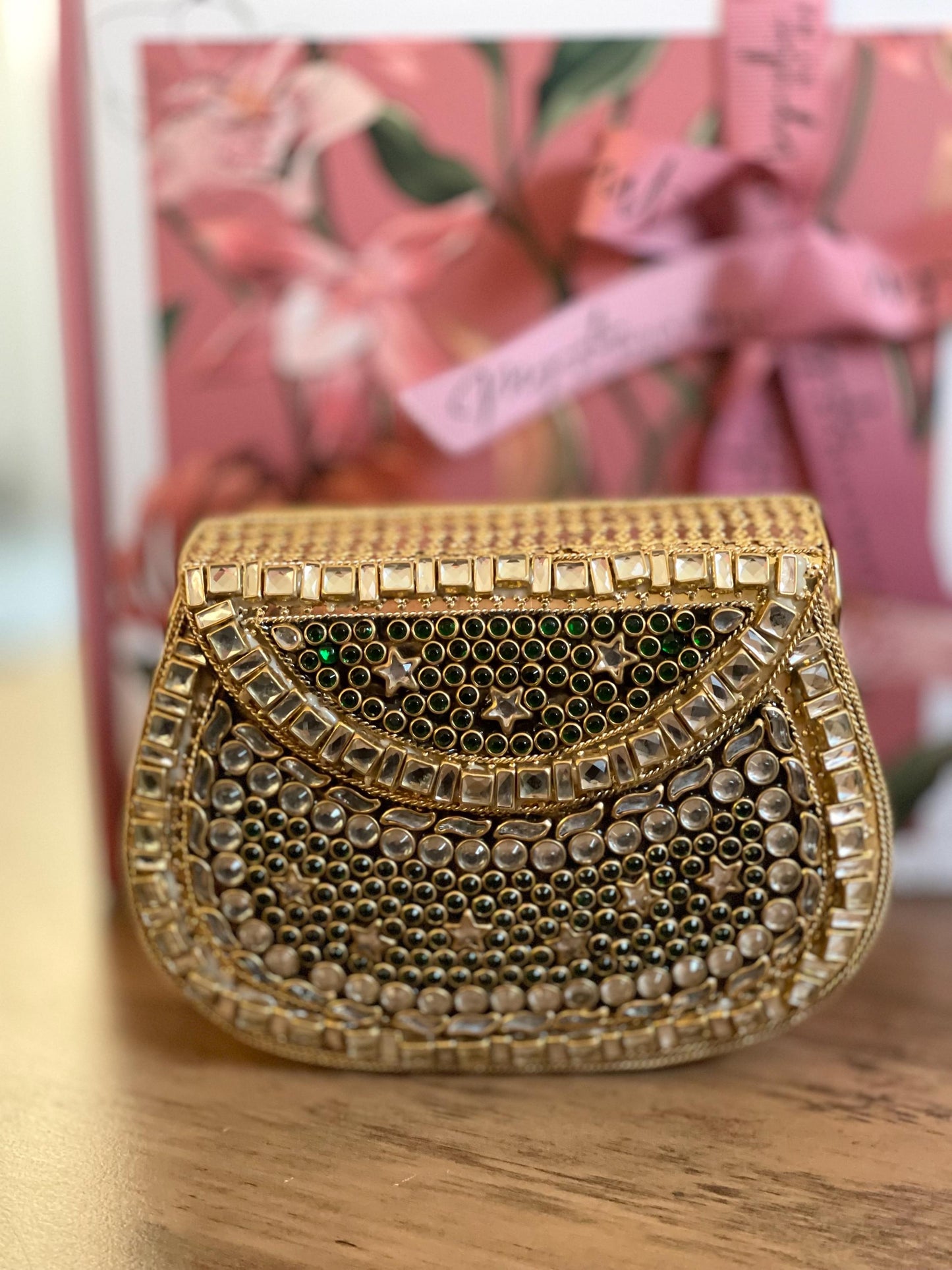 MASHHAD | Gold & Green Evening Bag | Kundan Clutch | Mini Embellished Minaudière Bag | Indian Wedding Purse | Handcrafted Bridal Clutch