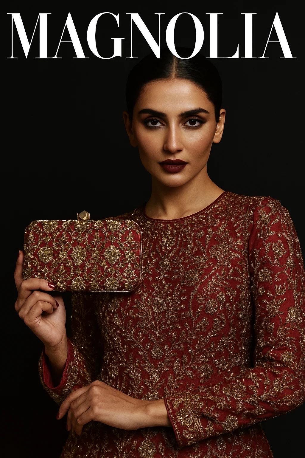 DELHI ~ Rose Clasp|
Dark Red Silk Clutch | Antique Gold Dabka Work | Handcrafted Bridal Evening Bag
