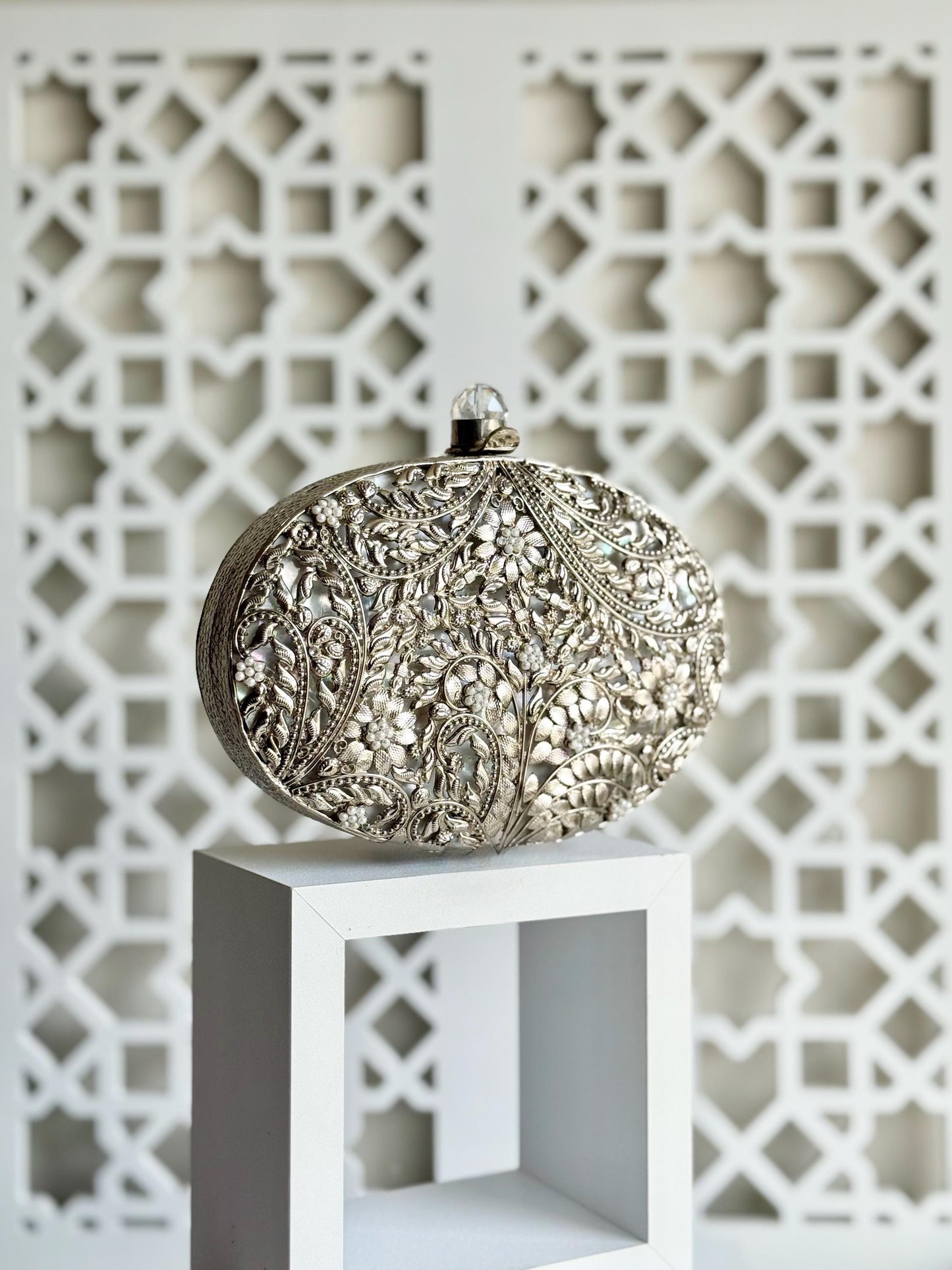 MAEVE | Silver Motif Oval Clutch Bag Mother of Pearl Evening Purse |