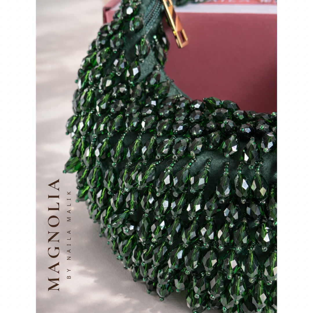 PORTOBELLO ROAD Emerald Green Beaded Party Purse | Luxury Handmade Evening Statement Bag