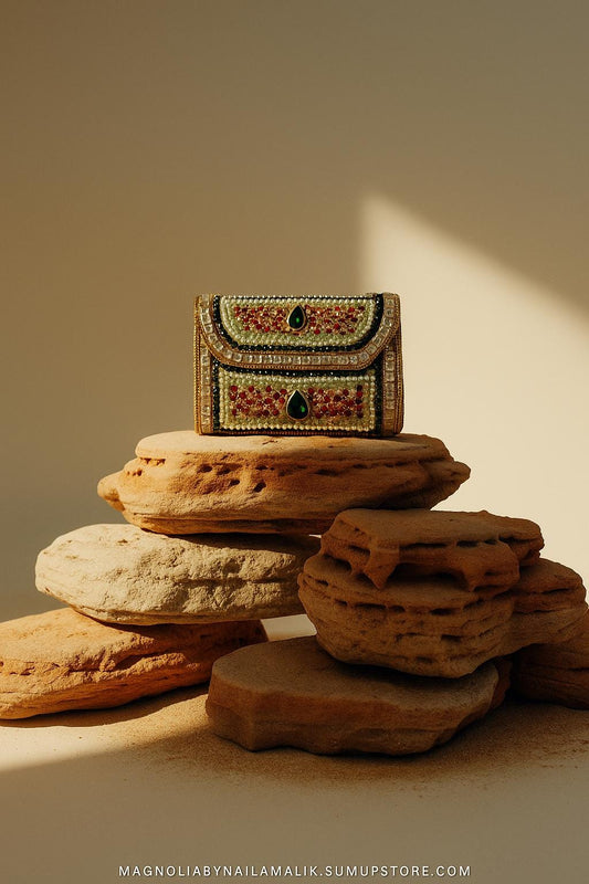 SOUQ WAQIF | Pink & Green Evening Bag | Kundan Clutch | Mini Embellished Minaudière Bag | Indian Wedding Purse | Handcrafted Bridal Clutch