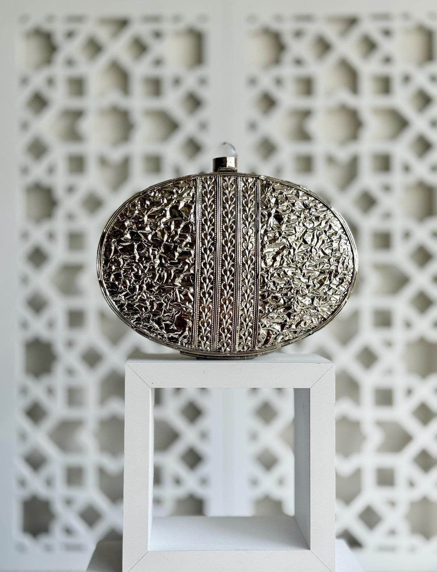 MAEVE | Silver Motif Oval Clutch Bag Mother of Pearl Evening Purse |
