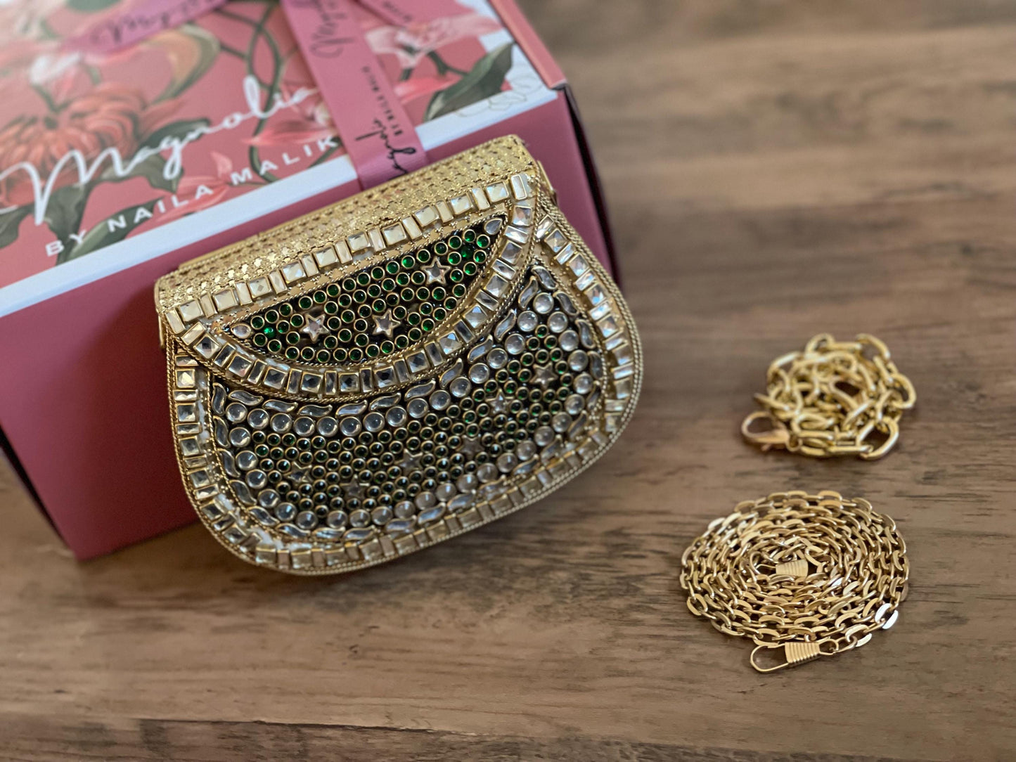 MASHHAD | Gold & Green Evening Bag | Kundan Clutch | Mini Embellished Minaudière Bag | Indian Wedding Purse | Handcrafted Bridal Clutch