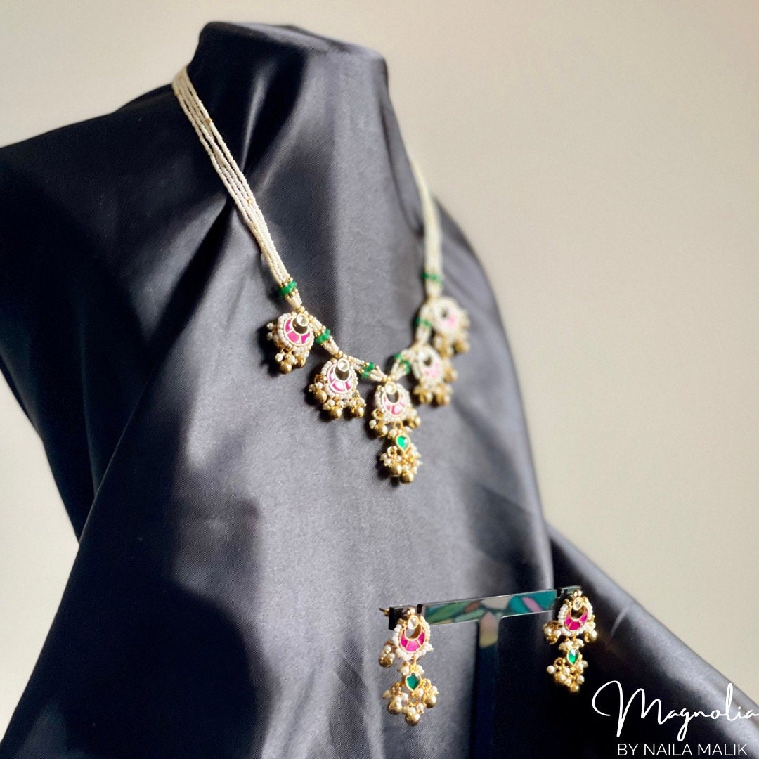 SUKHJOT | White and Gold Necklace and Earrings Indian Jewellery Set Bridal