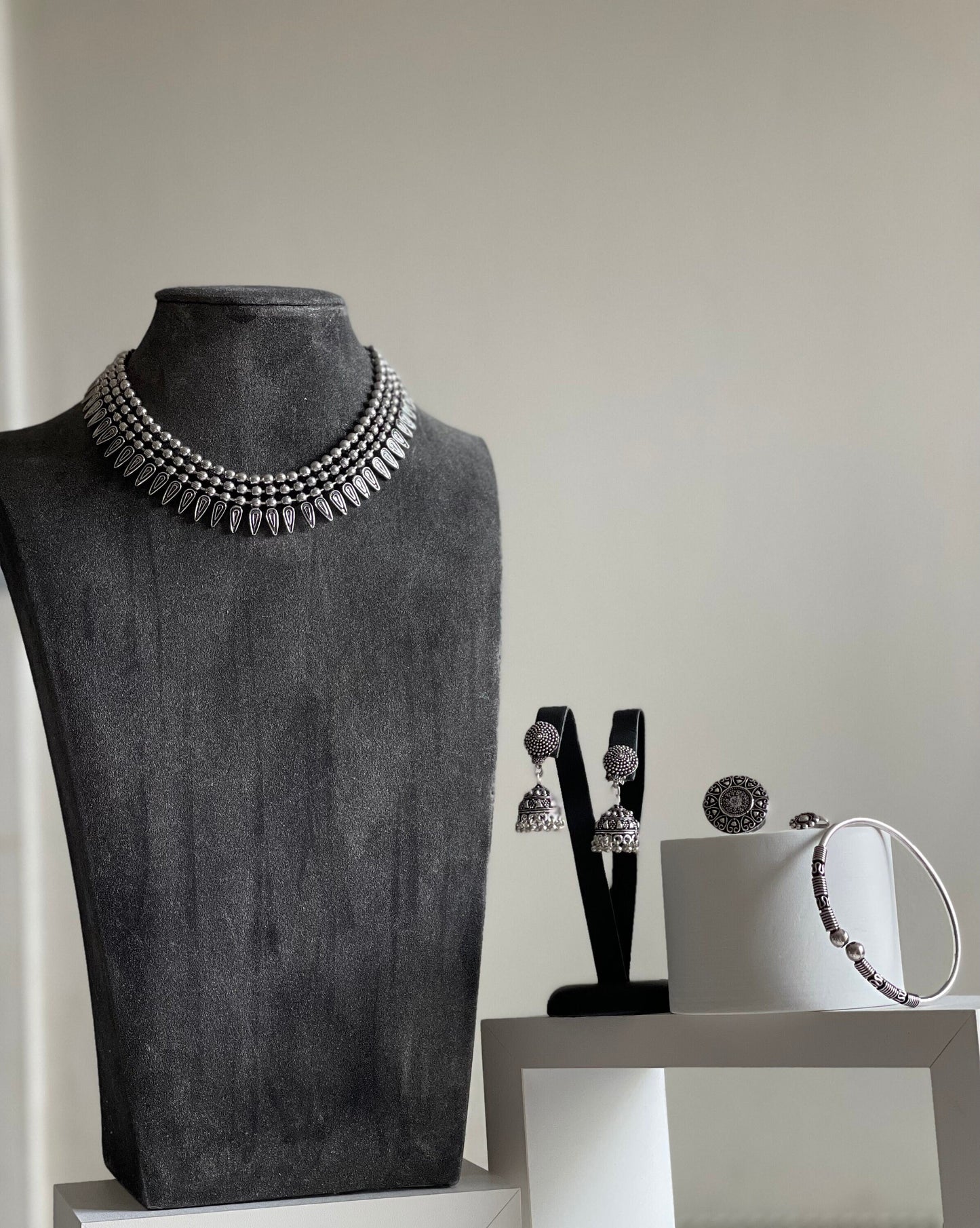 SEYAL | Ethnic German Silver Jewellery Set Choker Earrings Ring Bangle