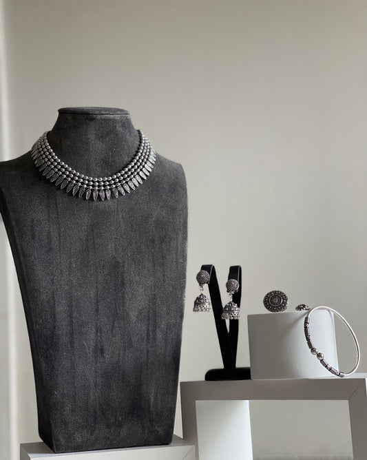 SEYAL | Ethnic German Silver Jewellery Set Choker Earrings Ring Bangle
