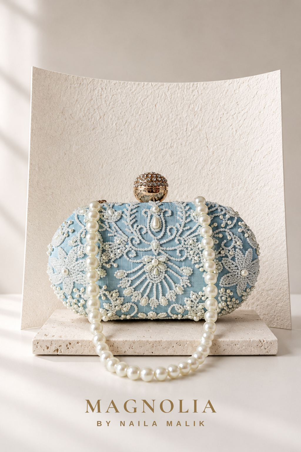 MALLAWI | Powder Blue Pearl Embellished Clutch